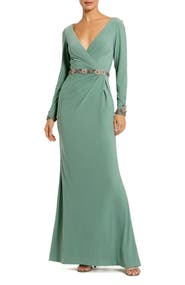 Mac Duggal Women's Jersey Long Sleeve V-Neck Gown With Beaded Belt