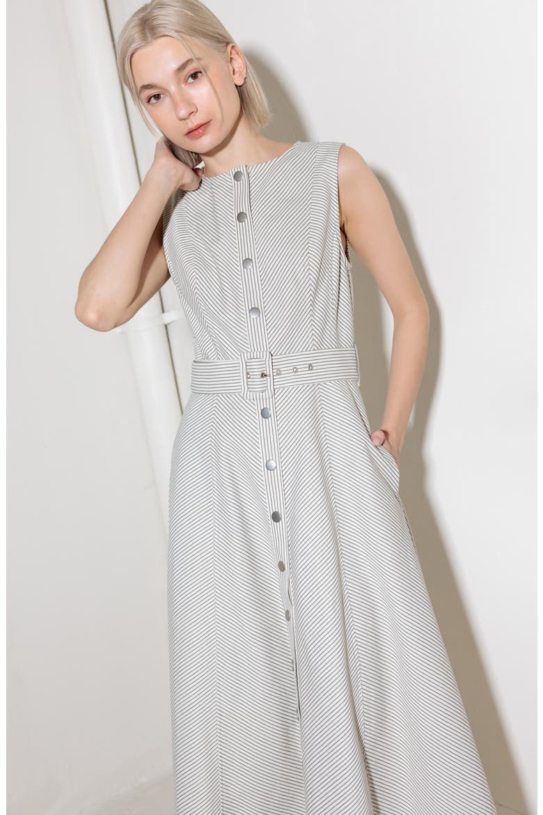Pinstripe Belted Midi Dress, Alternate, color, GREY