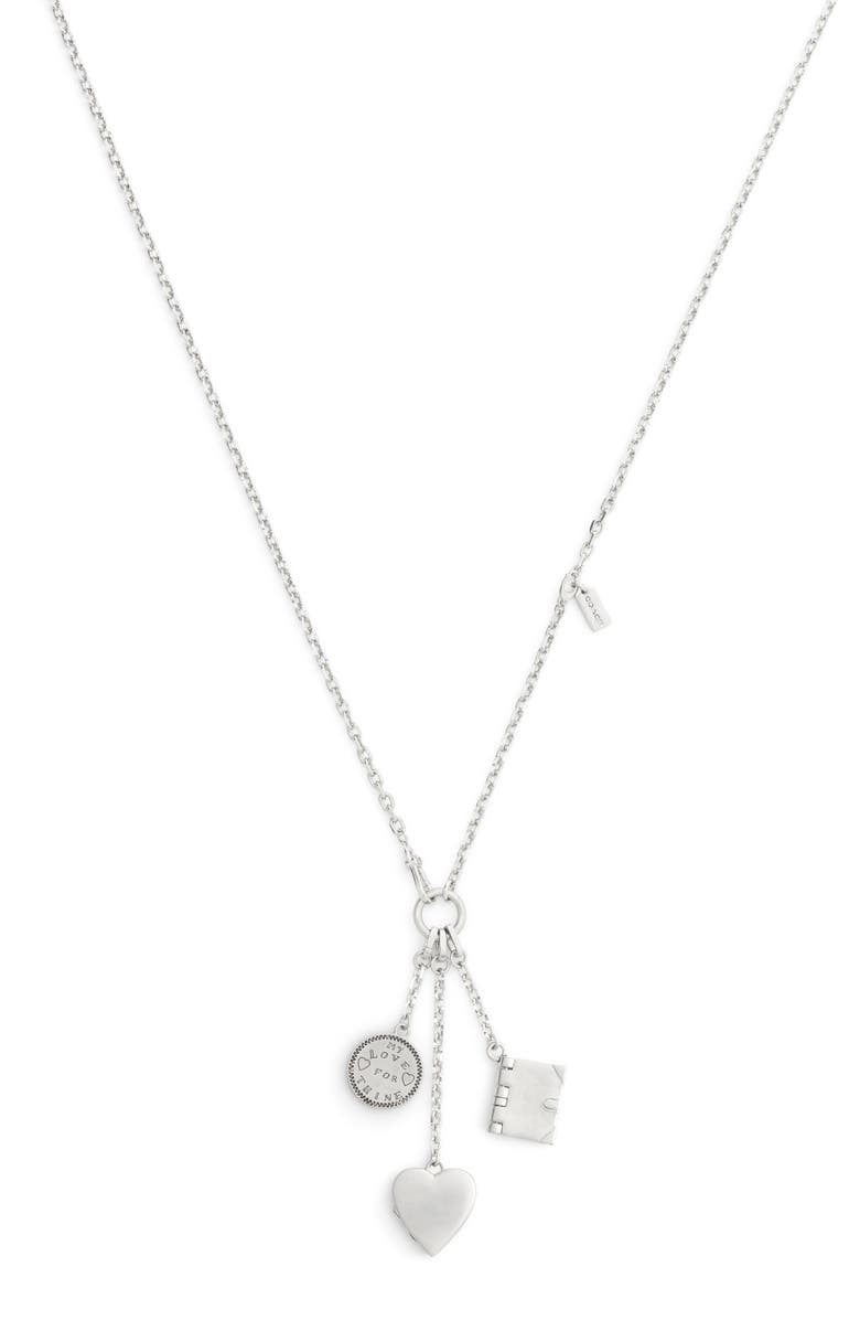 COACH Multi Charm Lariat Necklace, Alternate, color, Antique Silver