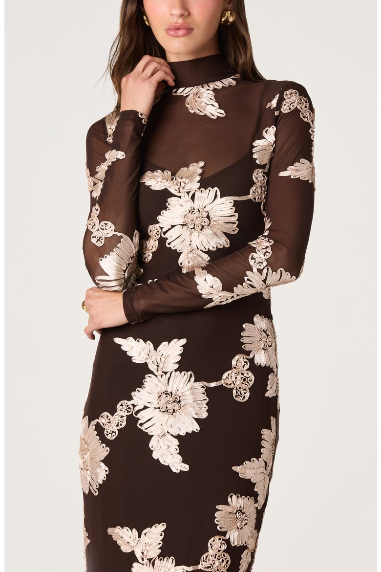 Florentine Floral Embroidered Mock Neck Midi Dress, Alternate, color, BROWN CREAM FLORAL