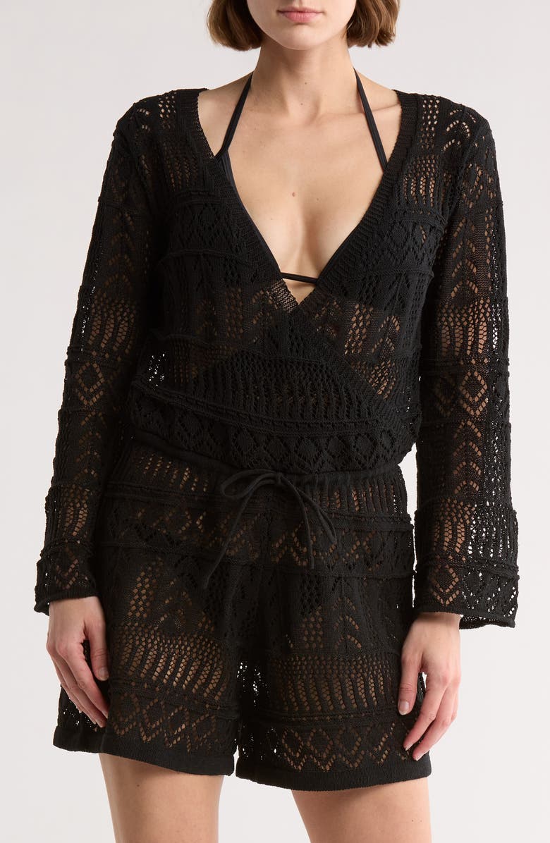 Elan Pointelle Knit Cover-Up Romper, Main, color, Black