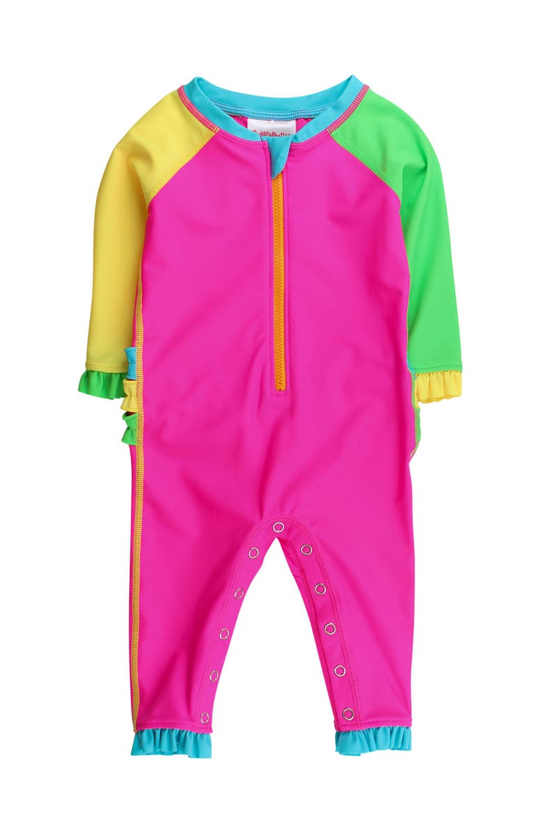 RuffleButts UPF50+ Sun Protected Full Length Long Sleeve Rash Guard One Piece Swimsuit, with Signature Rear Ruffles, Main, color, Neon Color Block