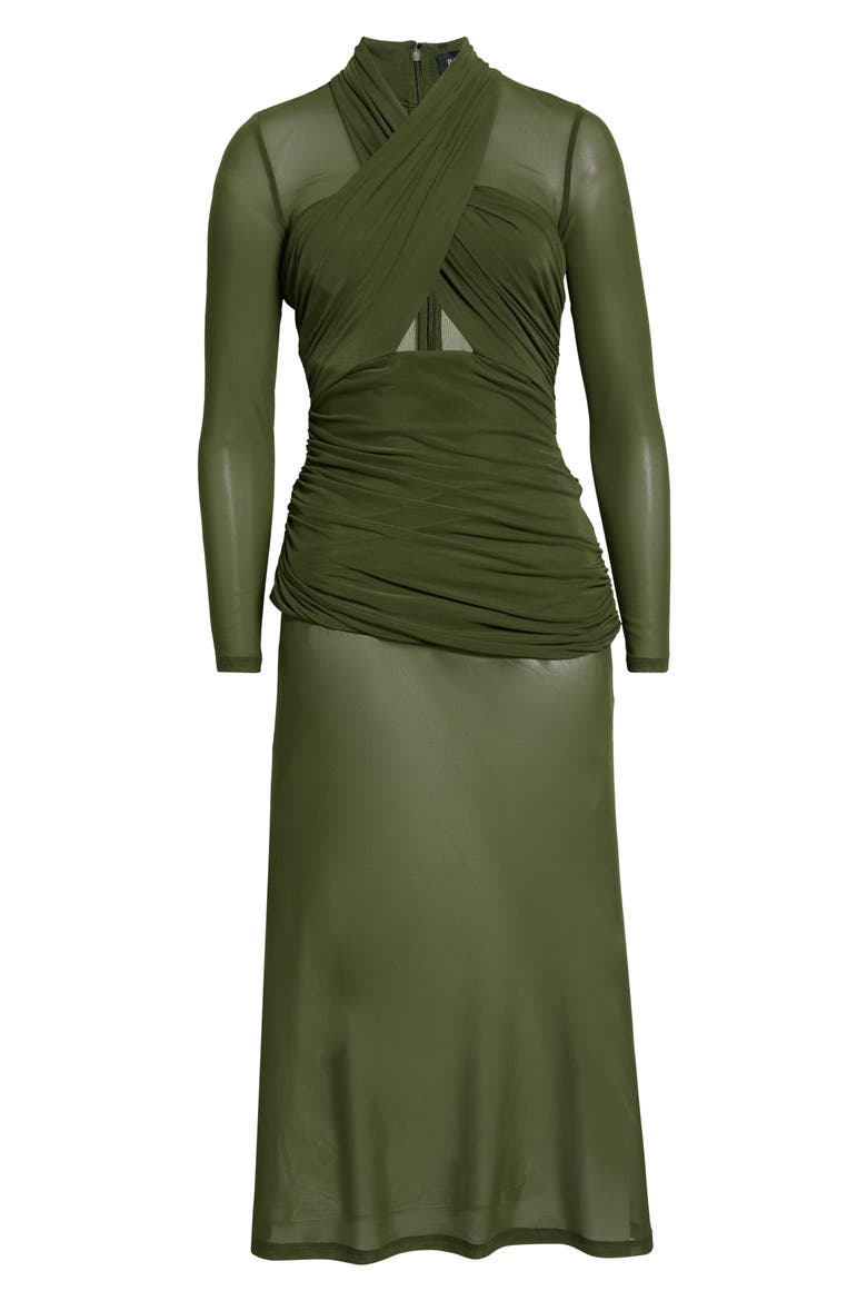 Veria Long Sleeve Wrap Mesh Maxi Dress, Main, color, KHAKI