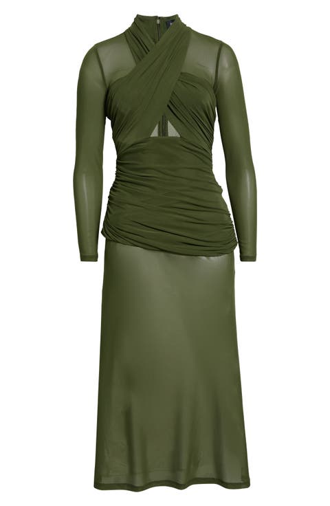 Veria Long Sleeve Wrap Mesh Maxi Dress