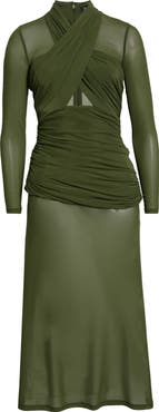 Bardot Veria Long Sleeve Wrap Mesh Maxi Dress