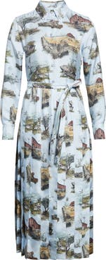 Thom Browne Long Sleeve Pleated Silk Toile Midi Shirtdress