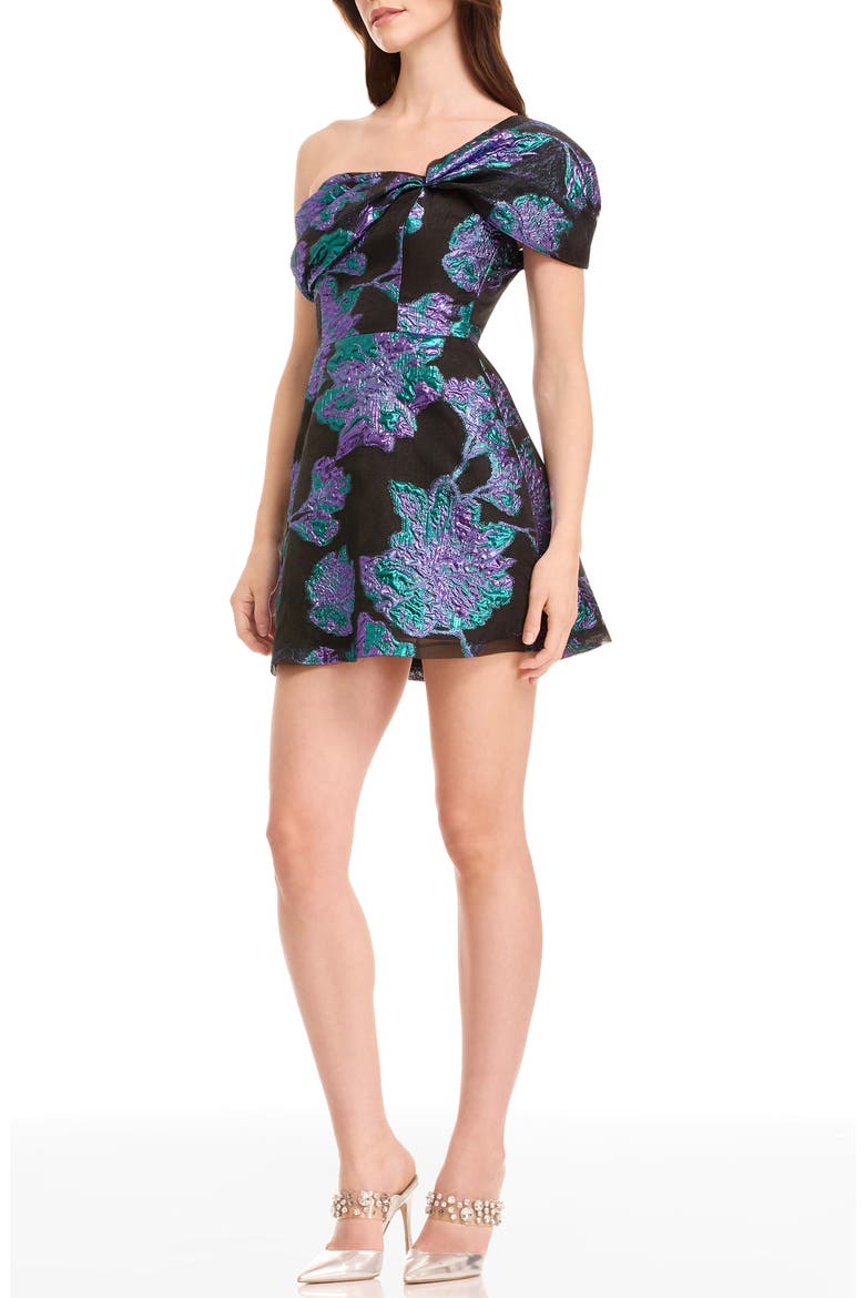 Olive Floral Jacquard Off the Shoulder Cocktail Minidress, Alternate, color, TURQUOISE MULTI