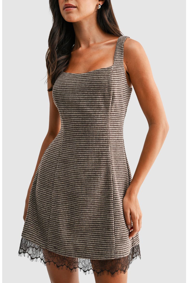 Square Neck A-Line Minidress, Alternate, color, BROWN PLAID