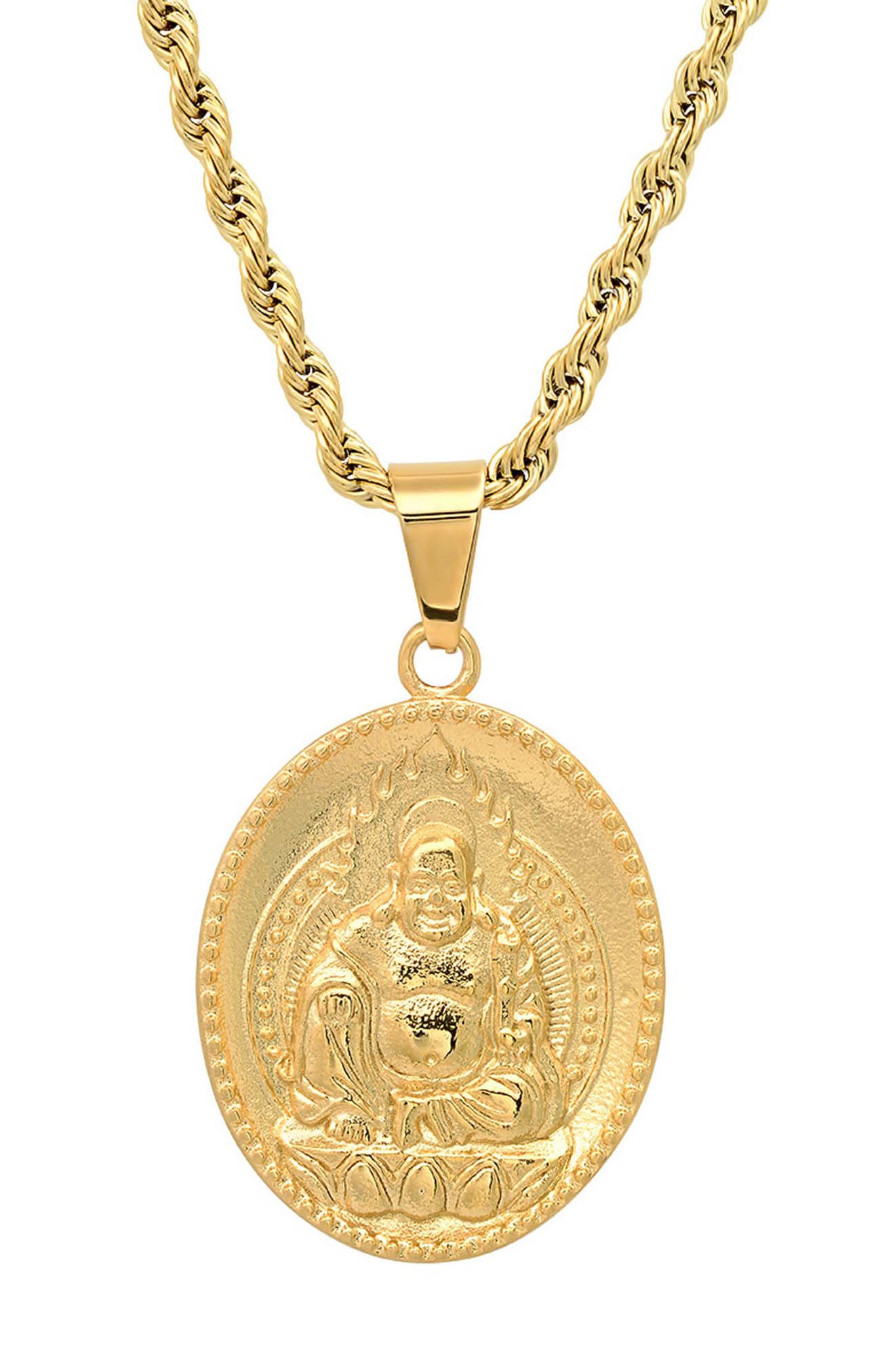Men's 18k Gold Plated Buddha Pendant Rope Chain Necklace
