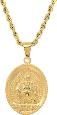 STEELTIME Men's 18k Gold Plated Buddha Pendant Rope Chain Necklace