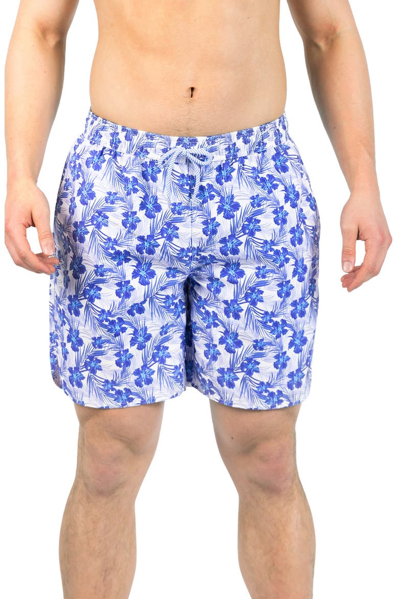 Hibiscus Print Swim Trunks, Main, color, WHITE