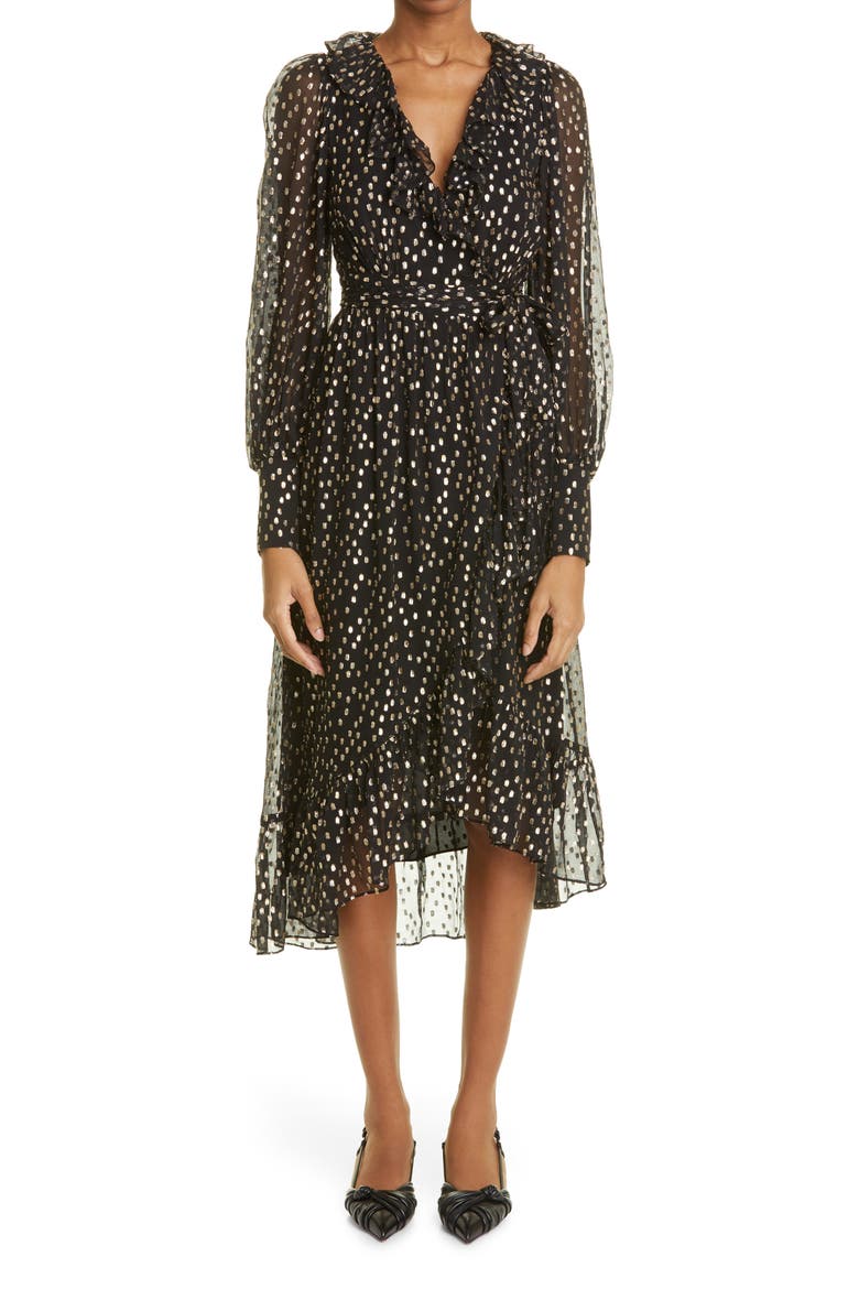 Ruffle Long Sleeve Silk Blend Fil Coupé Wrap Dress, Main, color, BLACK