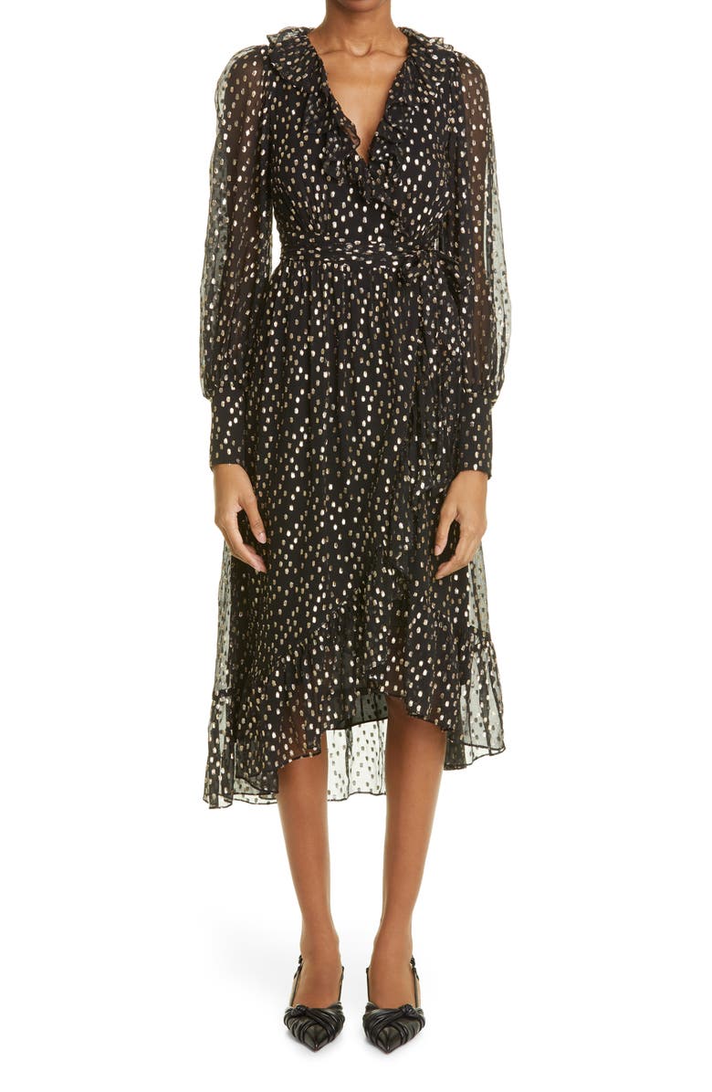 Zimmermann Ruffle Long Sleeve Silk Blend Fil Coupé Wrap Dress, Main, color, 