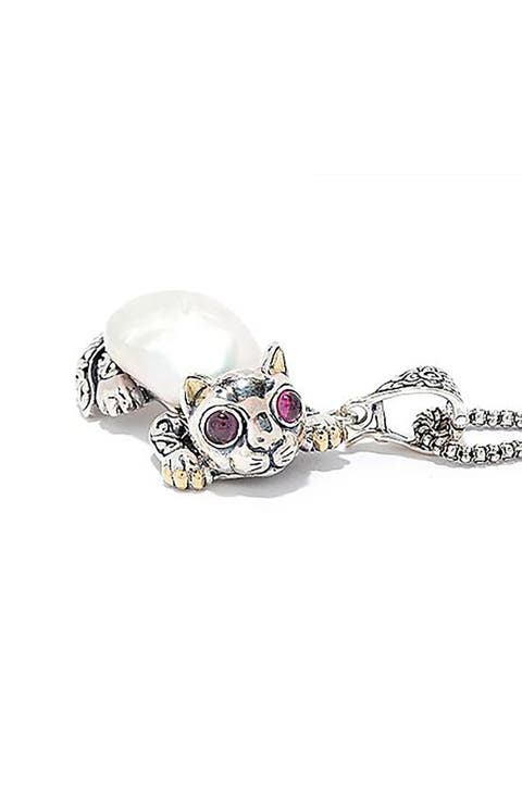 Sterling Silver & 18k Gold Pearl Cat Pendant Necklace