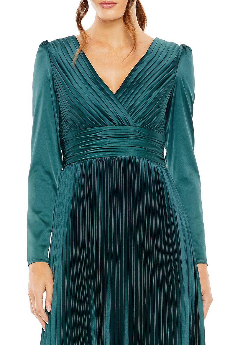 Long Sleeve Faux Wrap Pleated Satin Gown, Alternate, color, Ocean