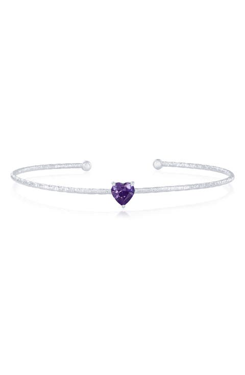 Birthstone Cubic Zirconia Heart Open Cuff Bracelet