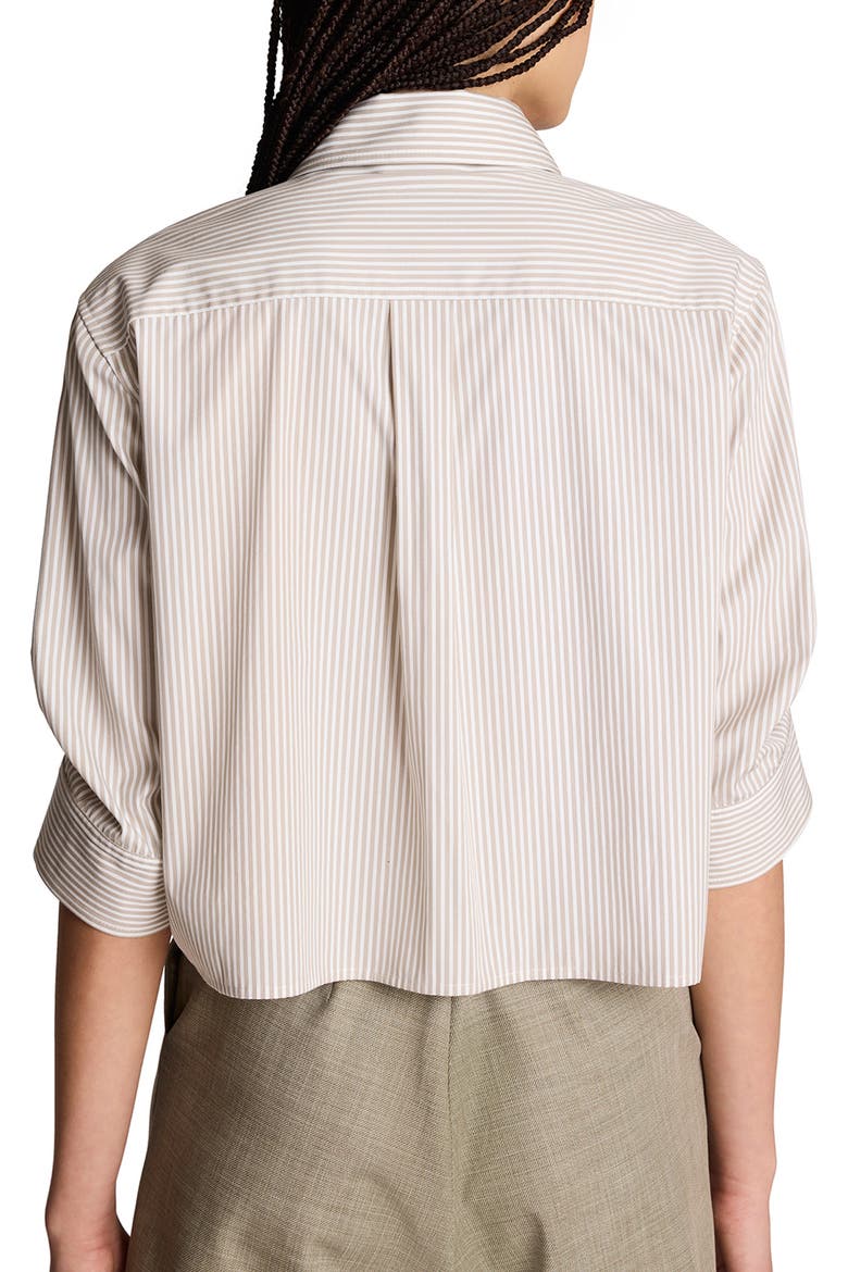 Striped Cropped Shirt with Pleated Three-Quarter Sleeves, Alternate, color, TEA LEAF/ PURE WHITE