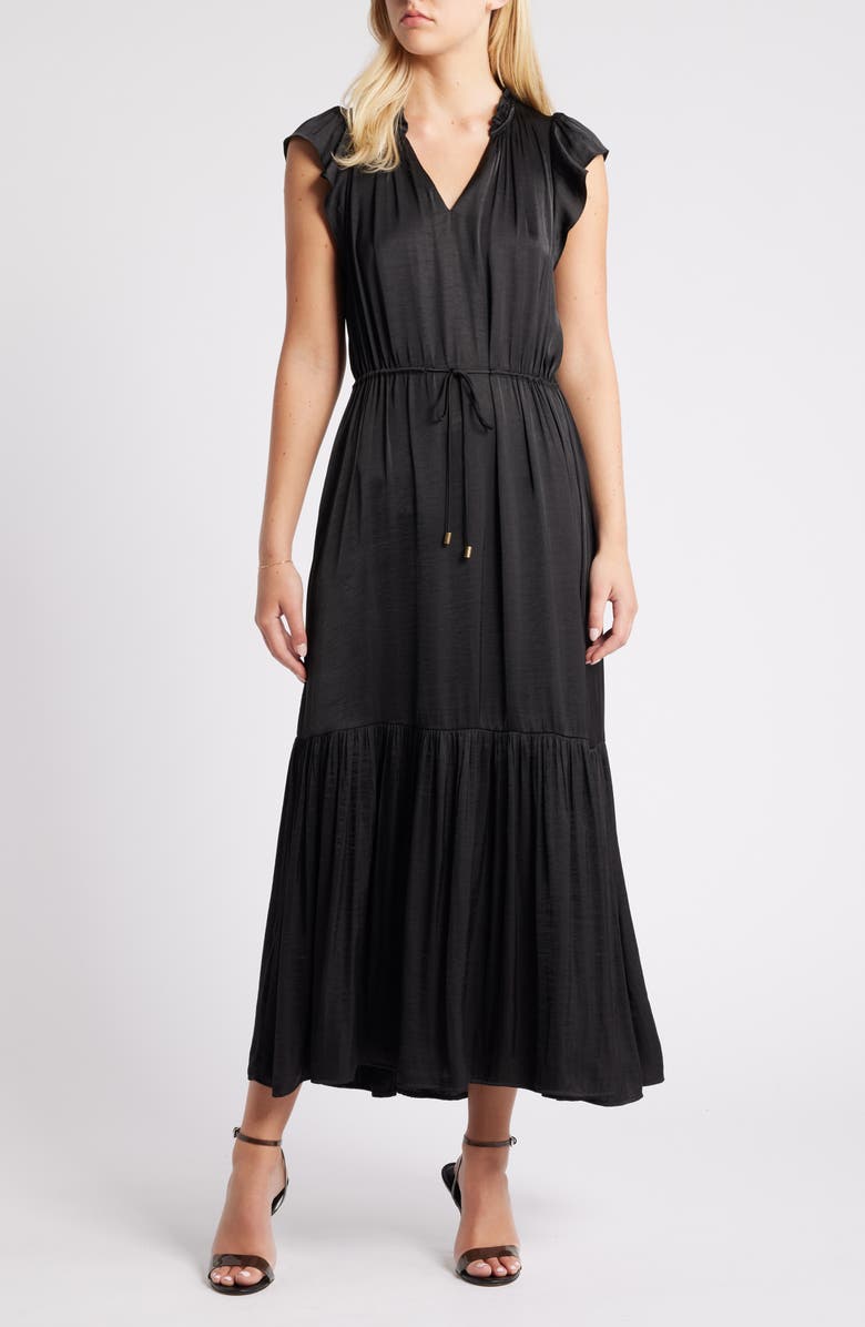 Steve Madden Osiris Tiered Split Neck Cap Sleeve Tie Waist Maxi Dress, Main, color, Black