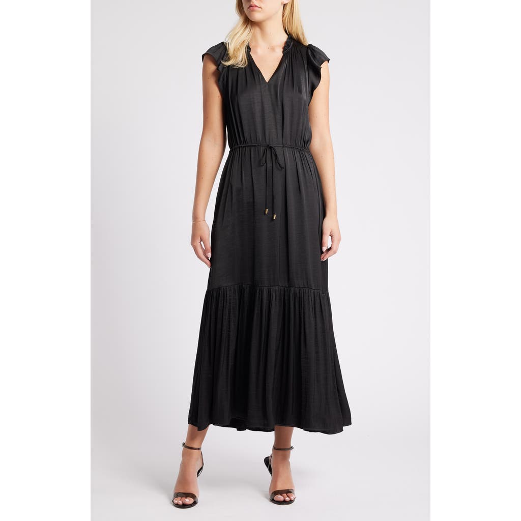 Steve Madden Osiris Tiered Split Neck Cap Sleeve Tie Waist Maxi Dress
