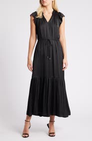 Steve Madden Osiris Tiered Split Neck Cap Sleeve Tie Waist Maxi Dress