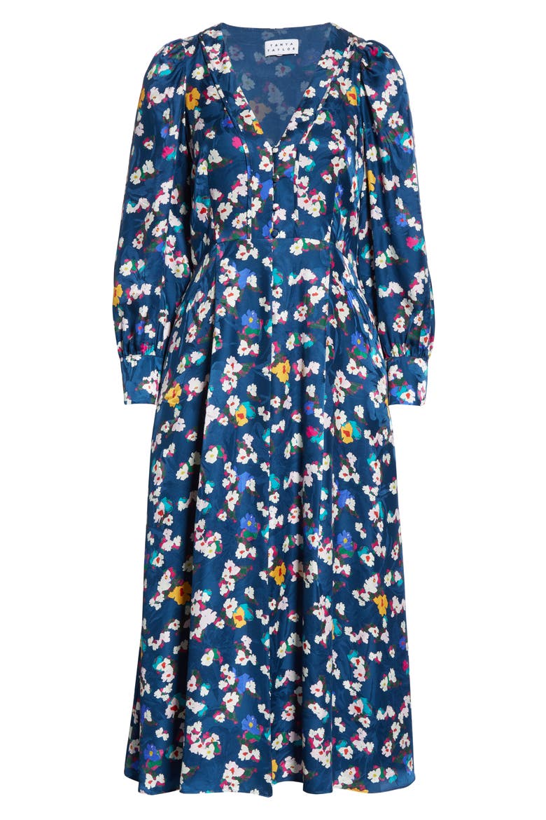 Thelma Floral Silk Jacquard Long Sleeve Silk Midi Dress, Alternate, color, BRUSHED FLORAL LARGE NAVY