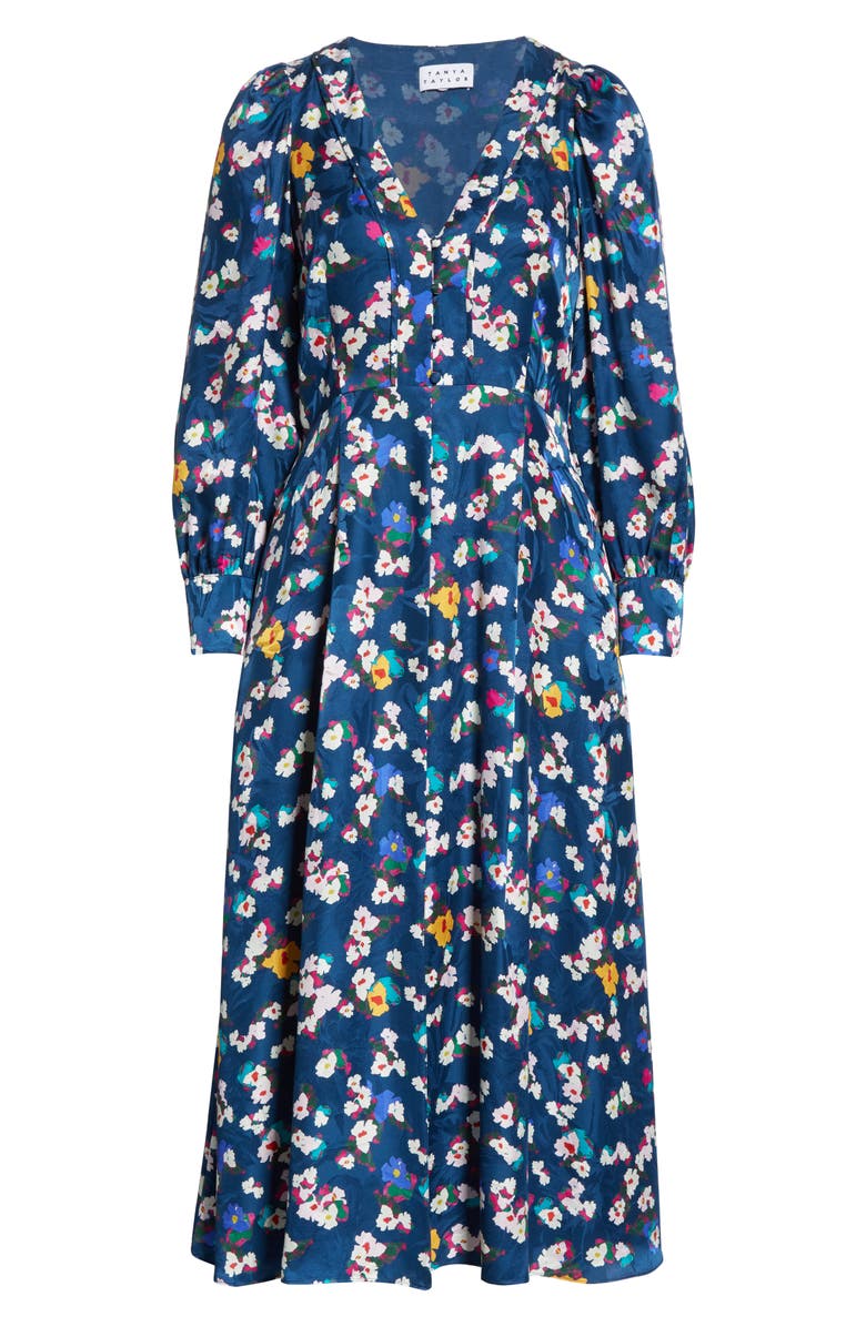 Tanya Taylor Thelma Floral Silk Jacquard Long Sleeve Silk Midi Dress, Alternate, color, 