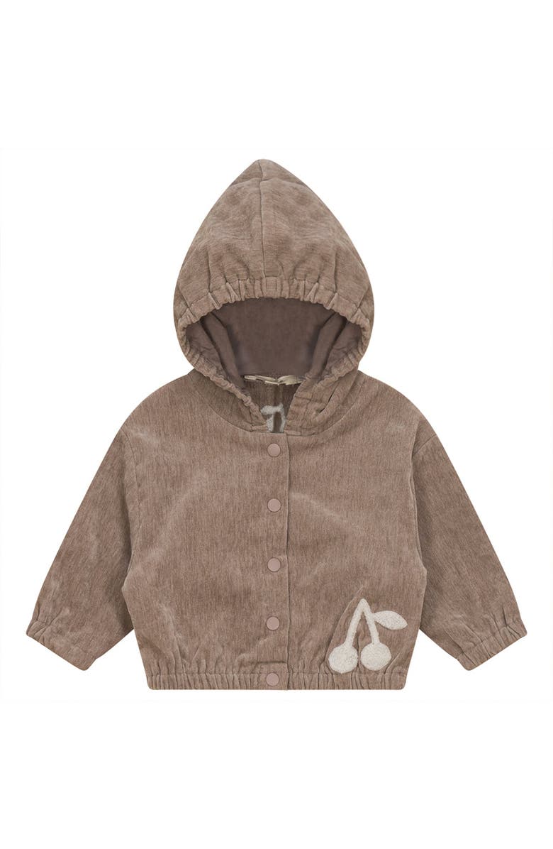 Fragile Velour Hooded Cardigan with Cherry Hook Stitch, Main, color, Oatmeal
