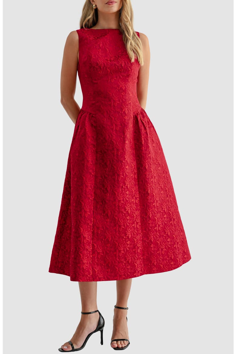 Jacquard Fit & Flare Midi Dress, Alternate, color, RED