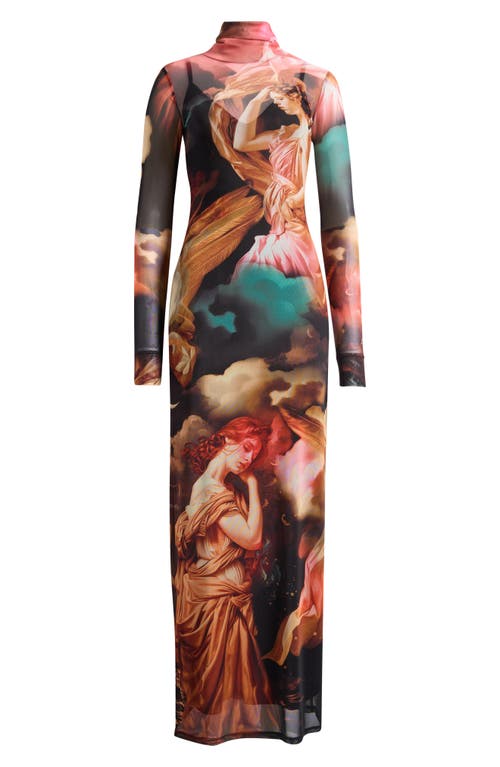 Afrm Billie Trompe L'oeil Long Sleeve Mesh Maxi Dress In Brown