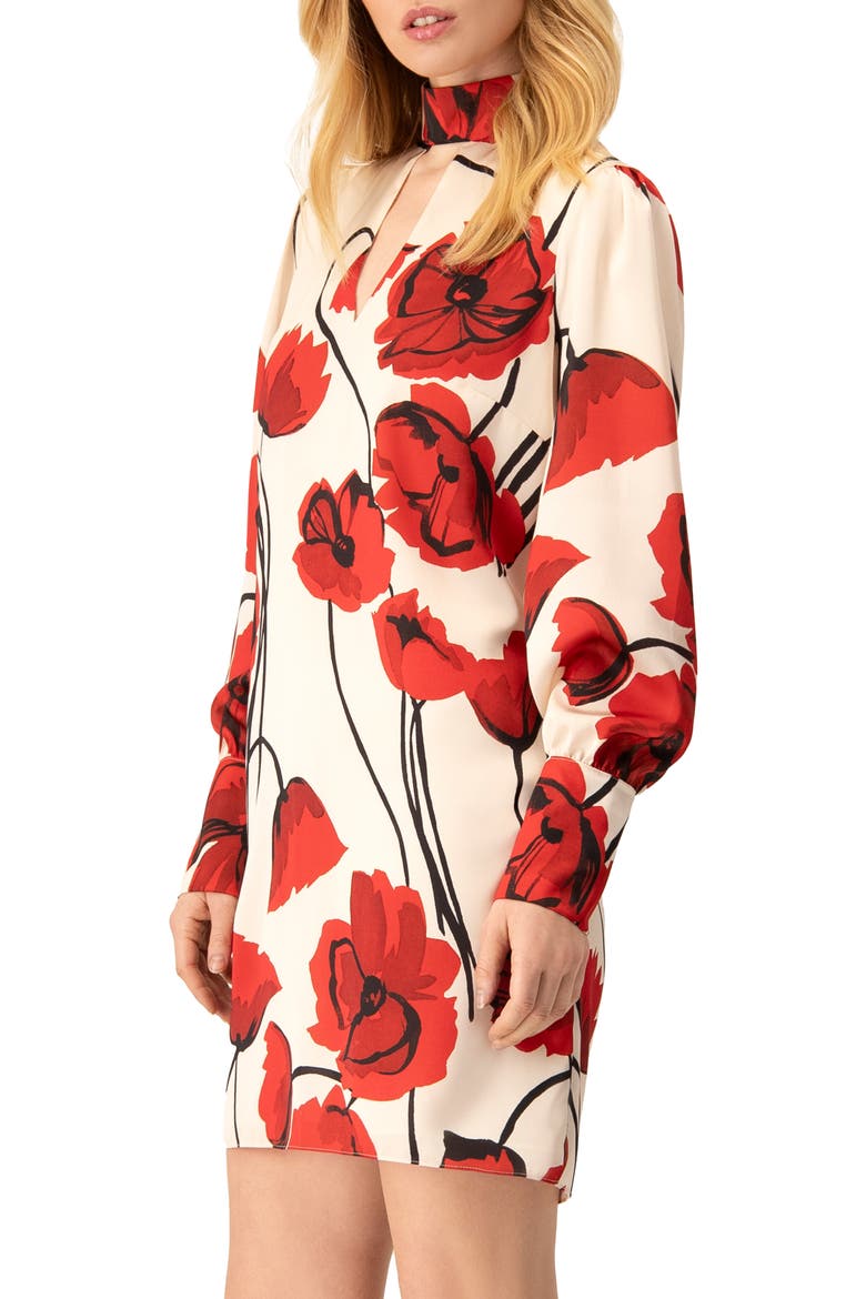 Floral Print Mini Dress with Mock Neck, Alternate, color, Ivory-Red