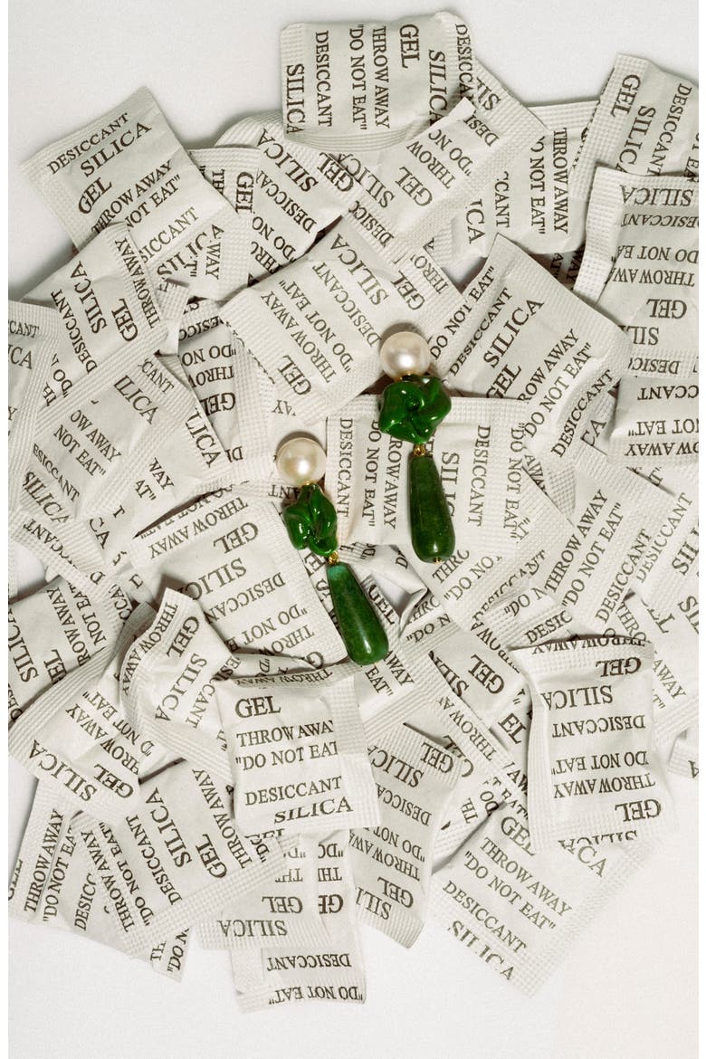 The Depths of Time Freshwater Pearl & Chalcedony Drop Earrings, Alternate, color, GREEN 18CT GOLD PLATED