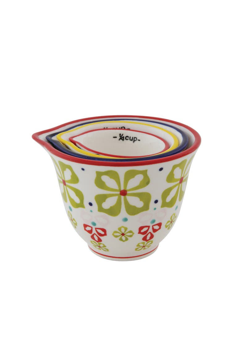 Floral Hand Stamped Stoneware Measuring Cups, Alternate, color, Green