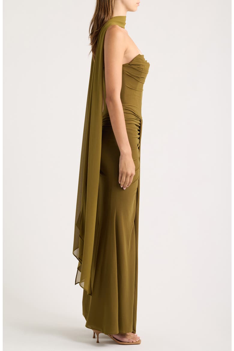 Portia Strapless Crepe Gown & Georgette Scarf Set, Alternate, color, OLIVE
