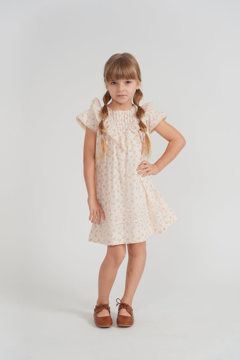Girls' Floral V-Neck Jumper Dress with Ruffle Sleeves and Lace Trim, Alternate, color, Pink