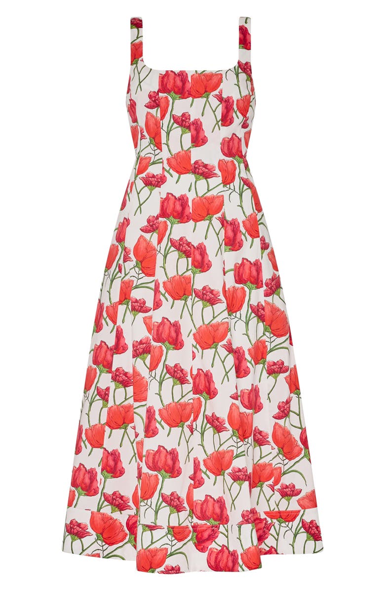 Milly Nia Red Peonia Stretch Cotton Poplin Midi Dress, Alternate, color, Red Multi