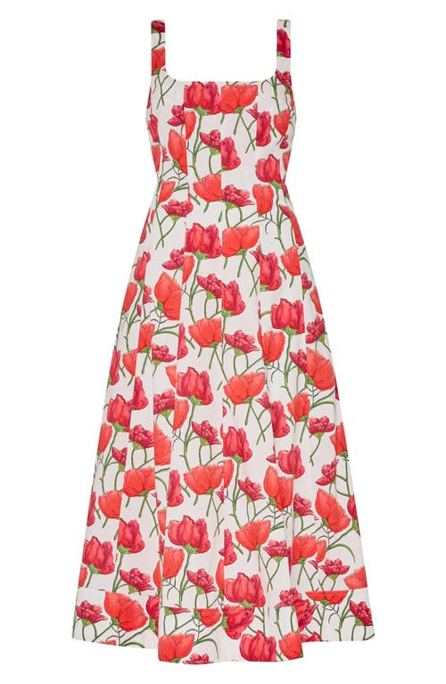 Milly Nia Red Peonia Stretch Cotton Poplin Midi Dress In Multi