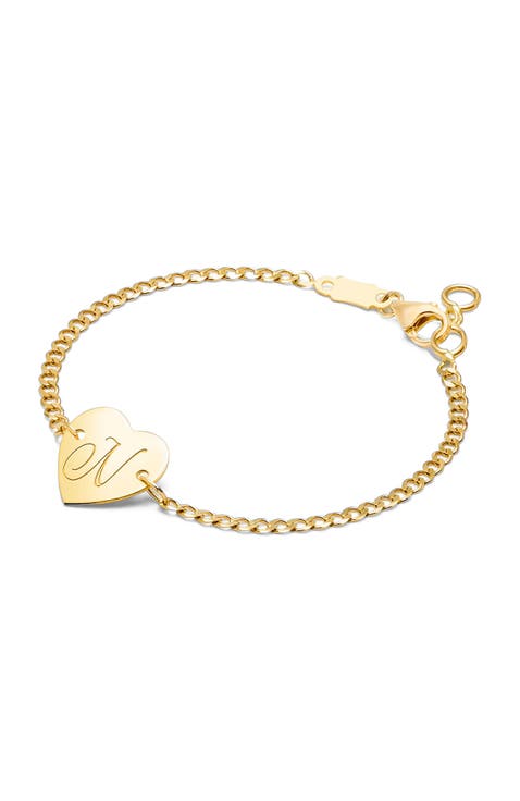14K Gold Heart of Gold ID & Engraved Initial 6" Bracelet