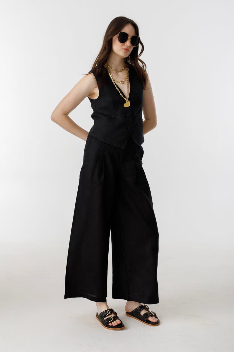 Culotte Linen Pants, Alternate, color, Black