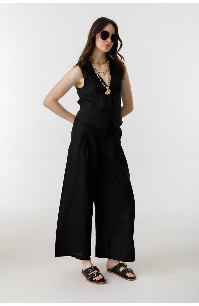 LANHTROPY Culotte Linen Pants, Alternate, color, Black