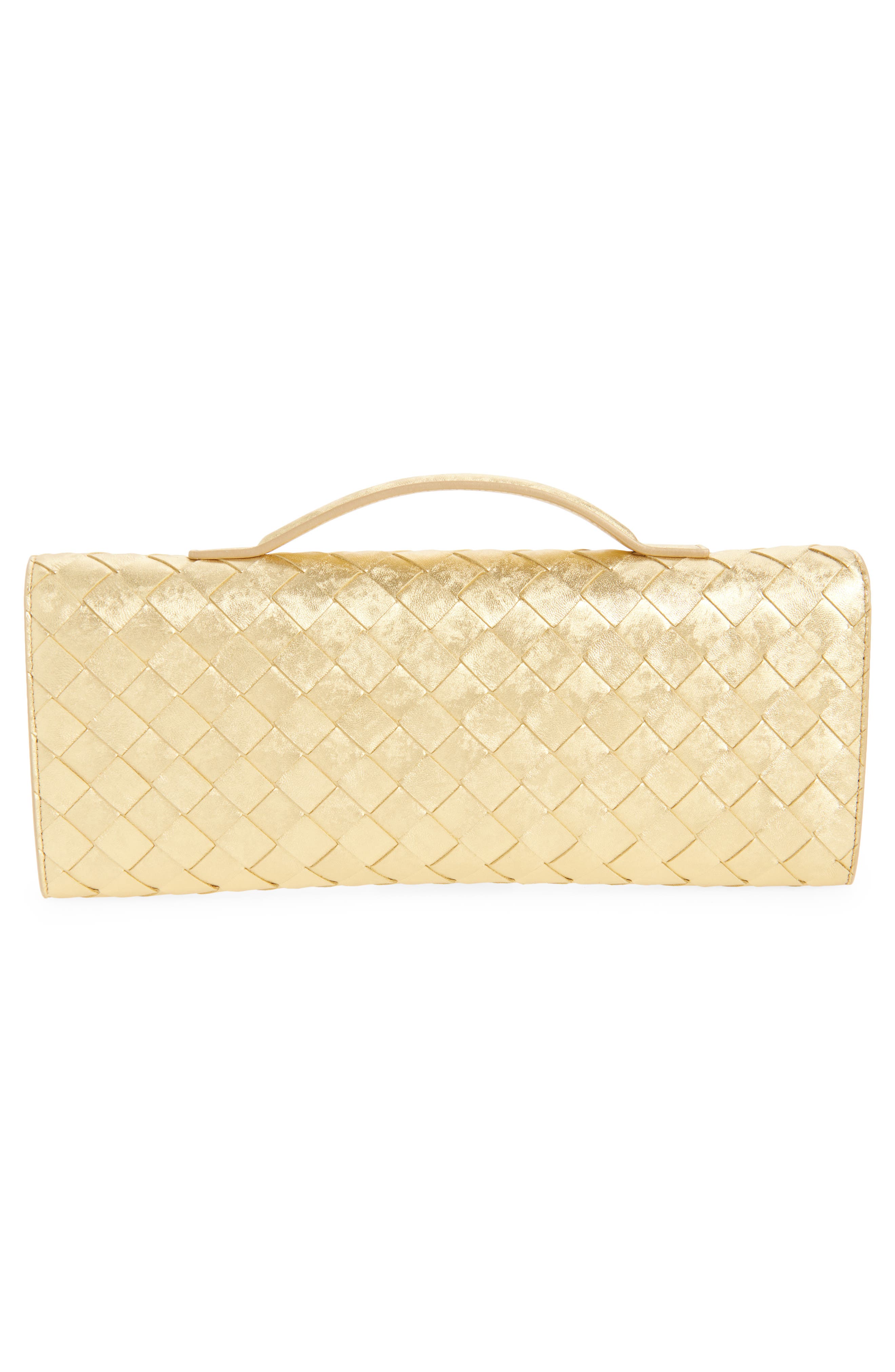 Bottega Veneta Andiamo Intrecciato Satin Clutch, Alternate, color, 8472 Gold / Gold