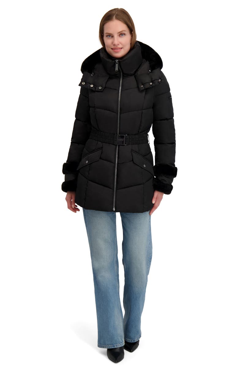 Laundry by Shelli Segal Petal Faux Fur Trim Hooded Puffer Jacket, Alternate, color, Black
