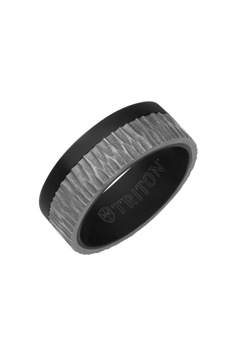 8MM Black Tantalum Ring with Brushed Grey Asymmetrical Inlay and Flat Edge, Main, color, Black