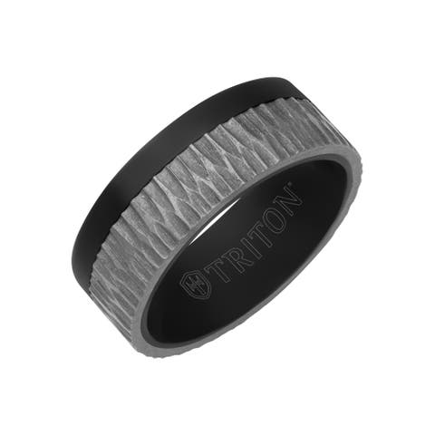 8MM Black Tantalum Ring with Brushed Grey Asymmetrical Inlay and Flat Edge
