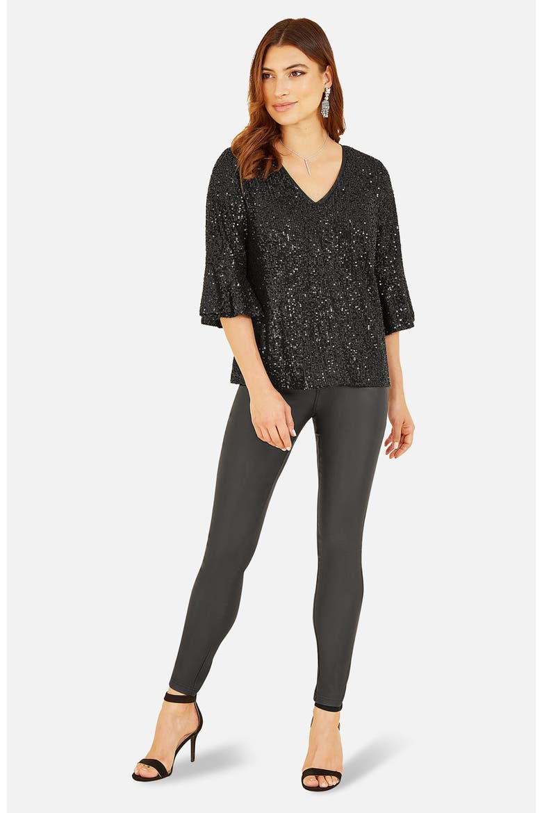 Sequin V-Neck Fluted Sleeve Top, Alternate, color, Black
