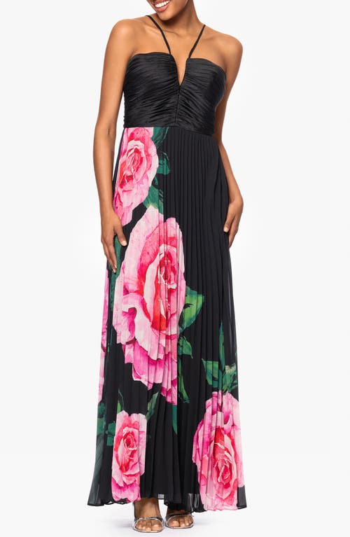 Xscape Evenings Pebble Pleated Gown In Black/pink