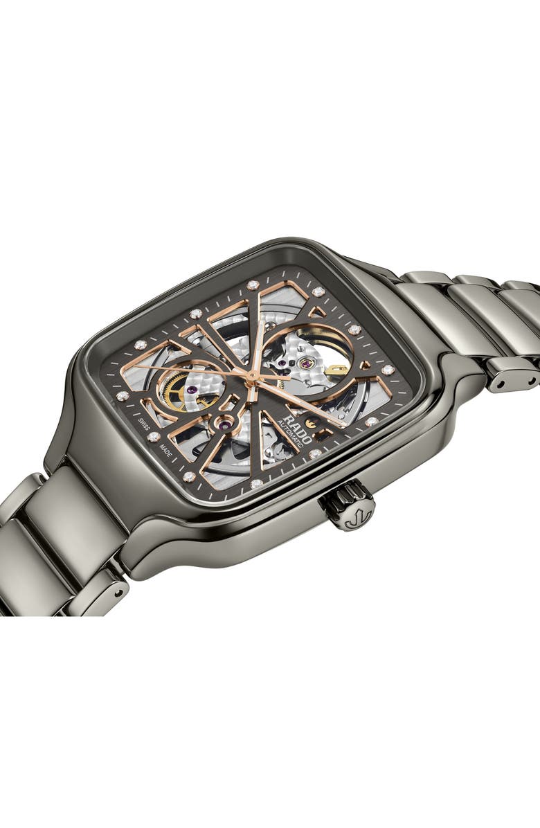 RADO True Square Diamond Automatic Open Heart Bracelet Watch, 38mm, Alternate, color, Gray