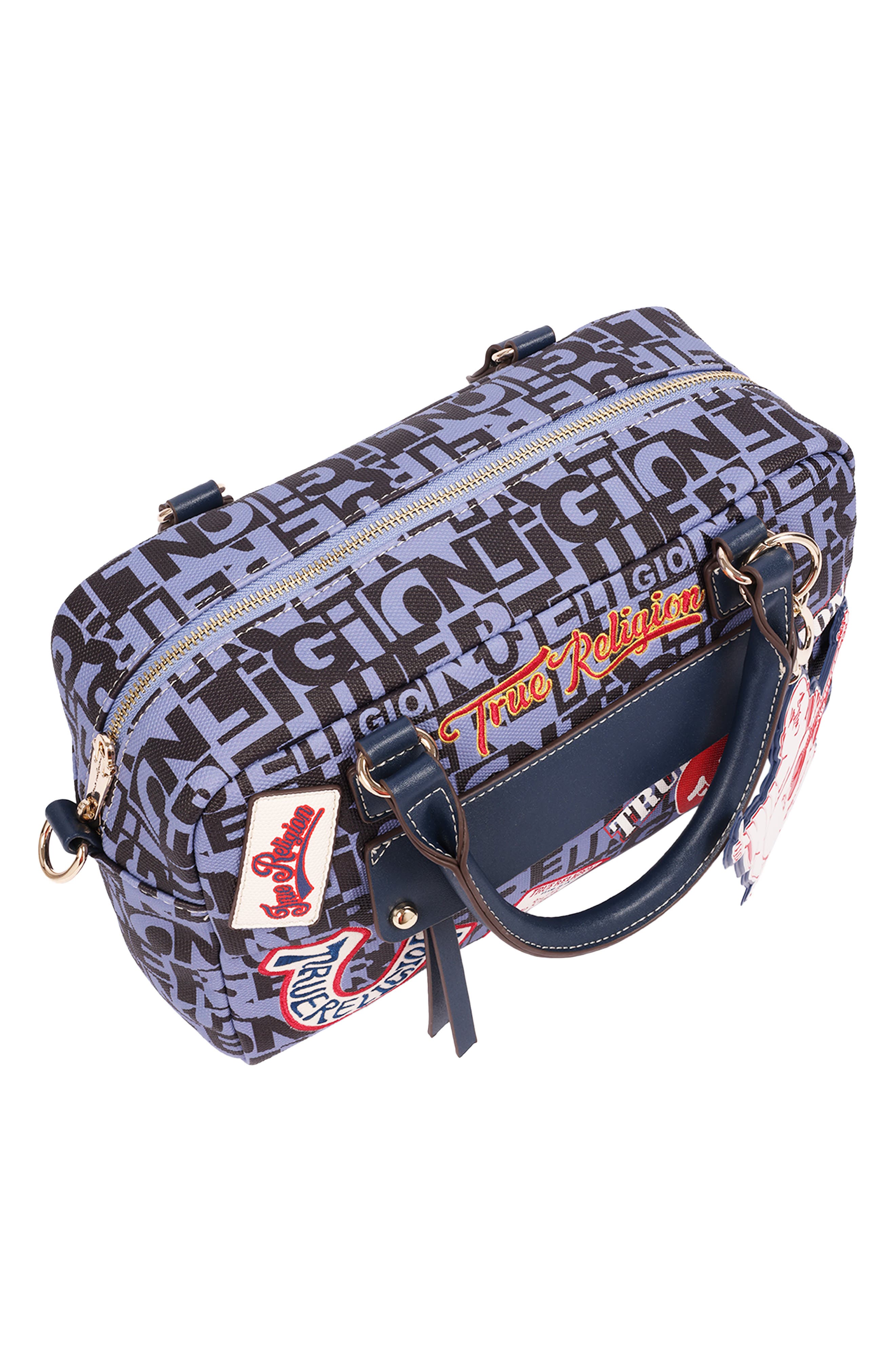 Multi Patch Faux Leather Graphic Satchel, Alternate, color, NAVY