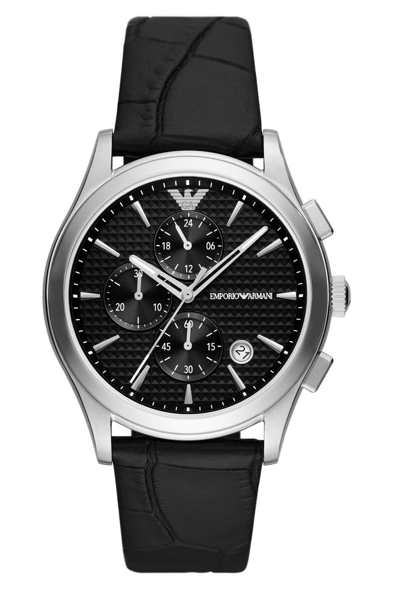 Chronograph Leather Strap Watch, 42mm, Main, color, SILVER