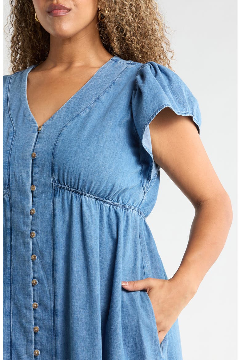 Flutter Sleeve Chambray Midi Dress, Alternate, color, LIGHT BLUE WASH