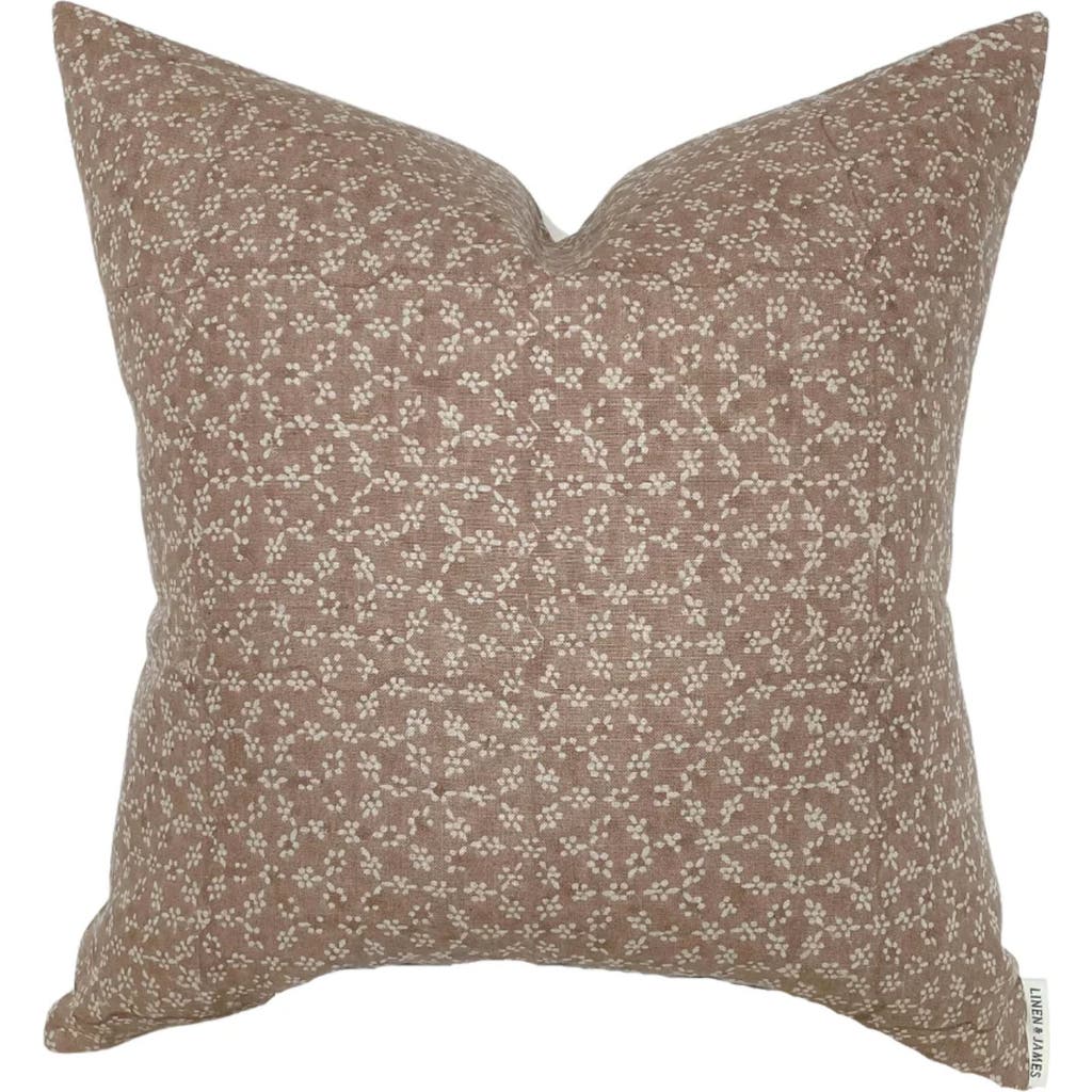 Linen & James Blake Dusty Rose Floral Handblock Pillow Cover In Brown